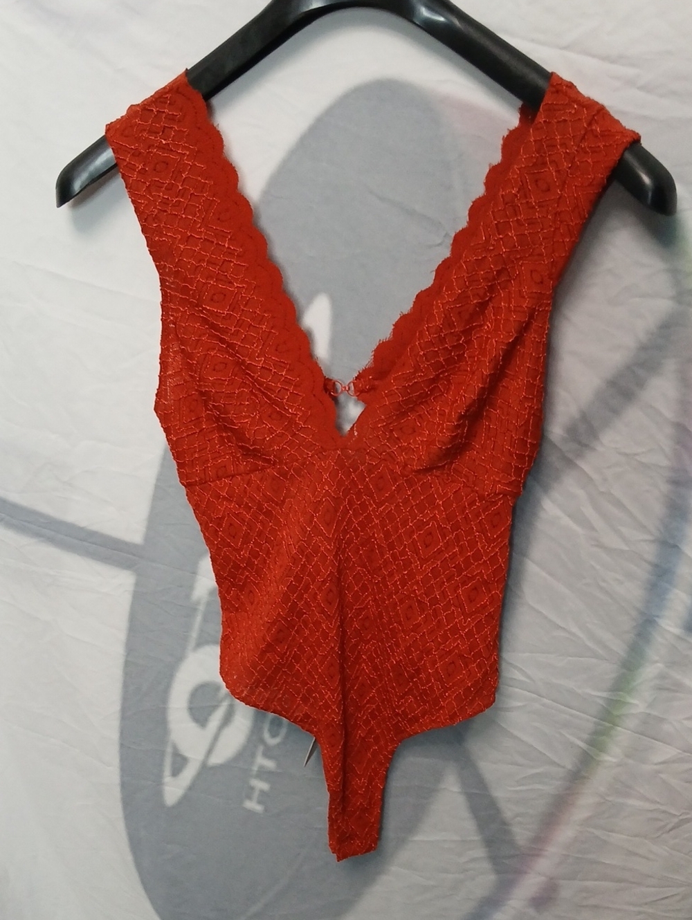 Red Lace Deep V Bodysuit with Scalloped Trim